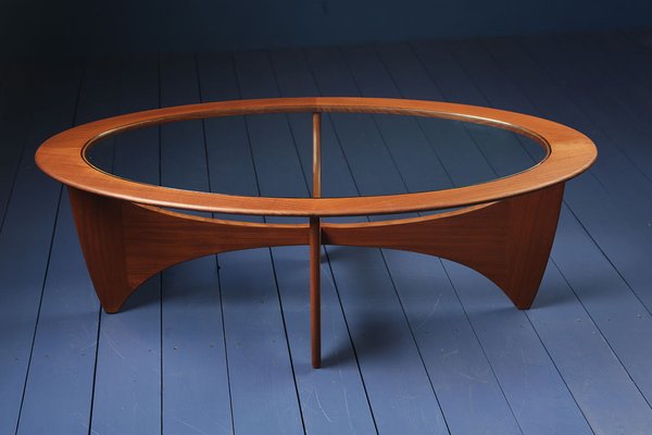 Mid Century Oval Astro Coffee Table in Teak and Glass by Victor
