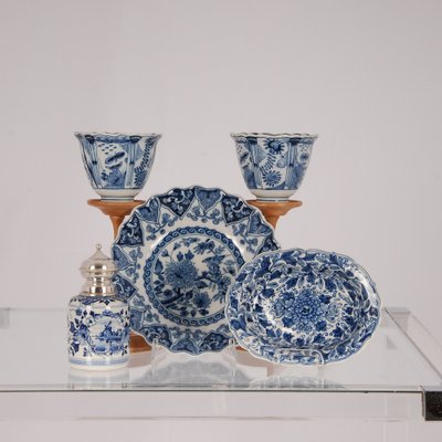 Dutch Blue and White Delftware Plates, Tea Caddy & Wanli Crow Cups