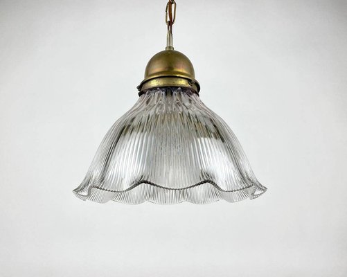 Antique Art Deco Holophane Clear Ribbed Glass Chandelier, 1910s