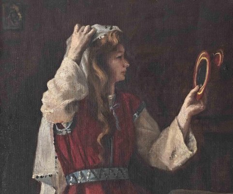 A Young Oriental Woman Looking at the Mirror, Oil on Canvas, 19th