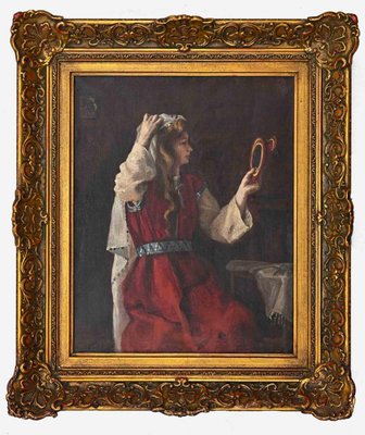 A Young Oriental Woman Looking at the Mirror, Oil on Canvas, 19th