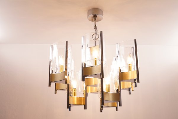 A Gold Plated And Murano Glass Italian Sciolari Chandelier For Sale at