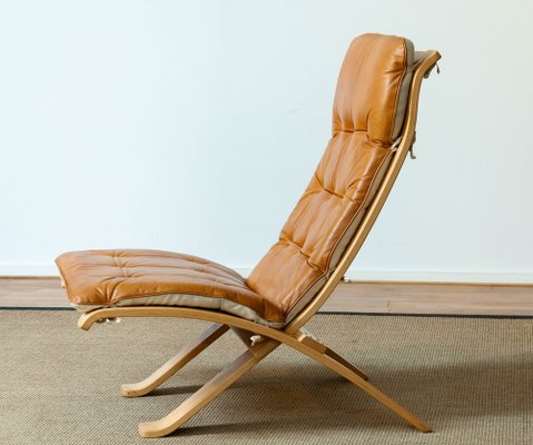 Klappsessel aus Buchenholz mit cognacfarbenem Leder von Nelo für Nelo Möbel, Schweden, 1970er bei Pamono kaufen