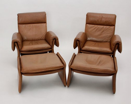 Mid Century Modern Leather Lounge Chairs with Ottomans Italy