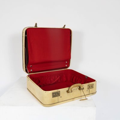 Valise Vintage Années 40 En Tweed Multicolore Avec Garnitures Cuir - JCE