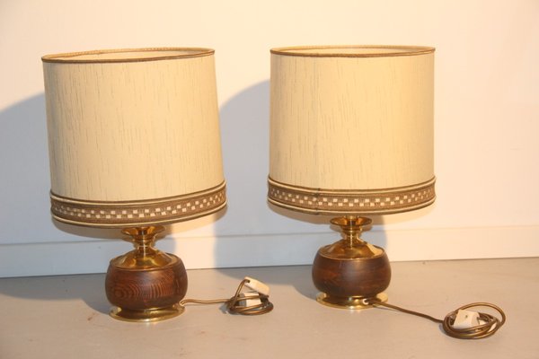 Italian Wood Brass Table Lamps 1950, Brass And Wood Table Lamps