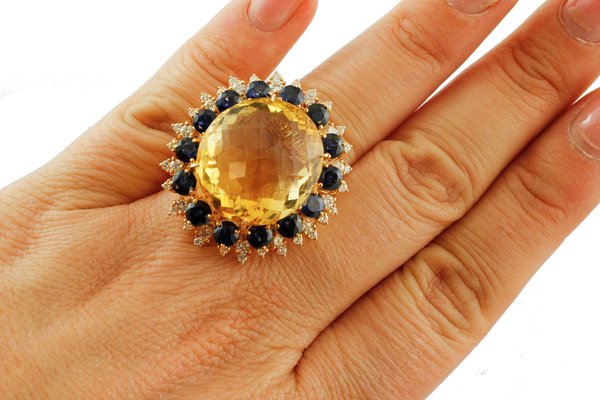 18 Karat Rose Gold Ring with Yellow Topaz Diamonds and Blue Sapphires