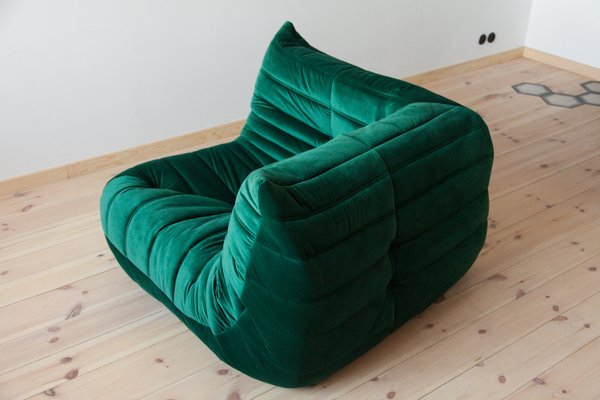Bottle Green Velvet Togo Corner Chair 2 3 Seat Sofa by Michel Ducaroy for Ligne Roset Set of 3 for sale at Pamono