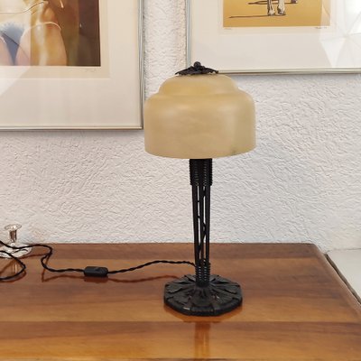 Art Deco Ginkgo Leaves Table Lamp in Wrought Iron by Edgar William