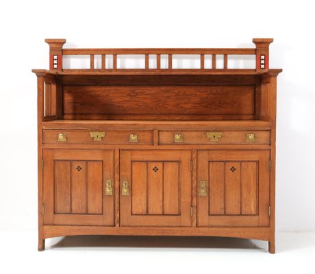 Art Nouveau Arts Crafts Oak Buffet or Cupboard by H.F. Jansen