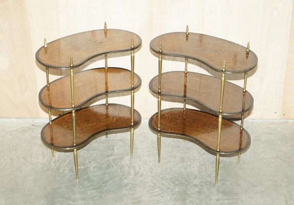Antique 3-Tier Kidney-Shaped Brass Etagere Tables, Set of 2 for