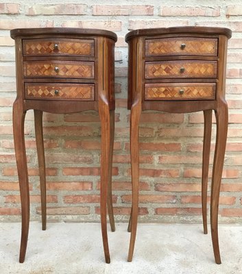 Louis XV Inlaid Walnut 3 Drawer Side Tables or Nightstands with Marquetry Set of 2