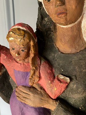 Plâtre Ancien La Vierge à L'Enfant - Déco Religieuse Vintage - État D'origine