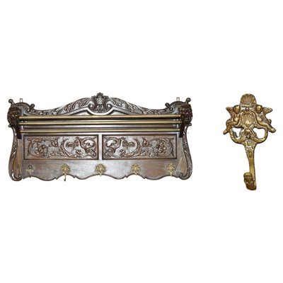 Antique Dutch Oak Fine Carved Wall Rack with Hanger Cherub Hooks