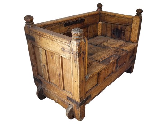 18th Century Spanish Hand Carved Wooden Bench with Storage for