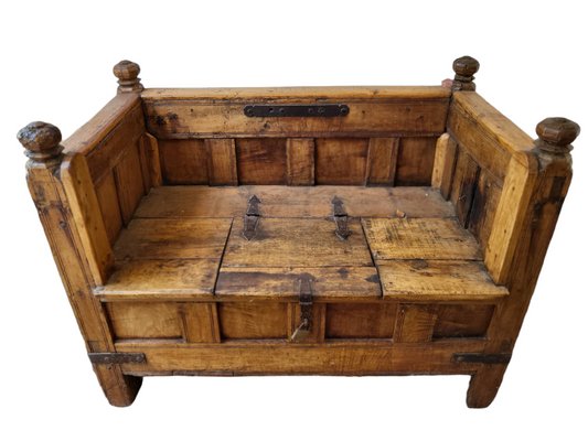 18th Century Spanish Hand Carved Wooden Bench with Storage