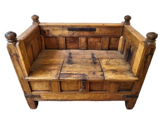 18th Century Spanish Hand Carved Wooden Bench with Storage