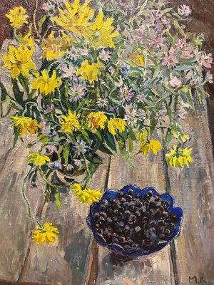 Maya Kopitzeva, Flowers and Blueberries, 2000s, Oil on Canvas
