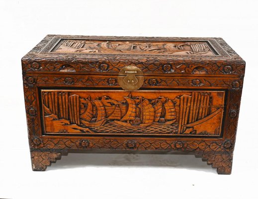 Antique Chinese Carved Camphor Wood Chest for sale at Pamono
