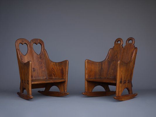 Scandinavian Elm Wood Childrens Rocking Chairs Set of 2