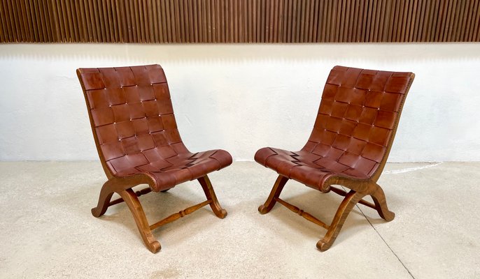 Spanish Oak Leather Strap Chairs by Pierre Lottier for Valmazan