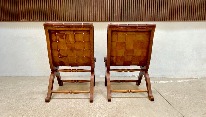 Spanish Oak Leather Strap Chairs by Pierre Lottier for Valmazan 1950s Set of 2 for sale at Pamono