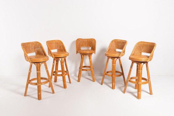 Vintage Danish Wicker Stools Set of 5 for sale at Pamono