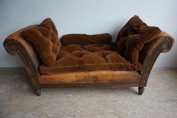 French Distressed Leather Adjustable Loveseat or Daybed 1900s for