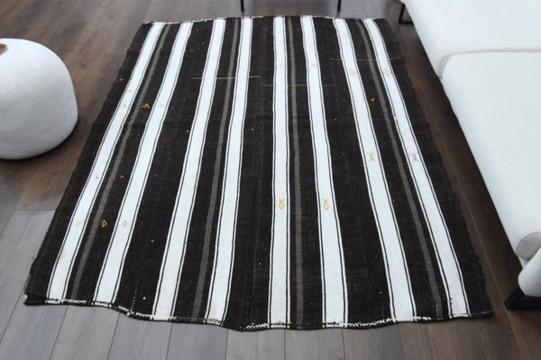 Vintage Turkish White and Black Wool Runner Rug for sale at Pamono