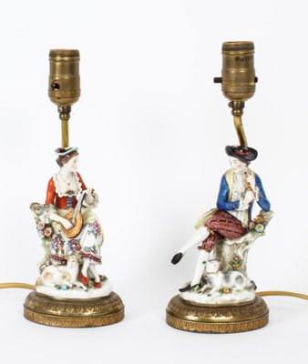 20th Century Dresden Figural Porcelain Lamps Set of 2 for sale at
