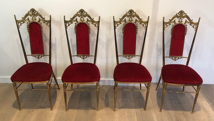 Brass and Red Velvet Chairs Set of 4 for sale at Pamono