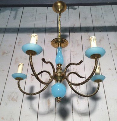 Small Chandelier in Blue and Brass Opaline, 1960s for sale at Pamono