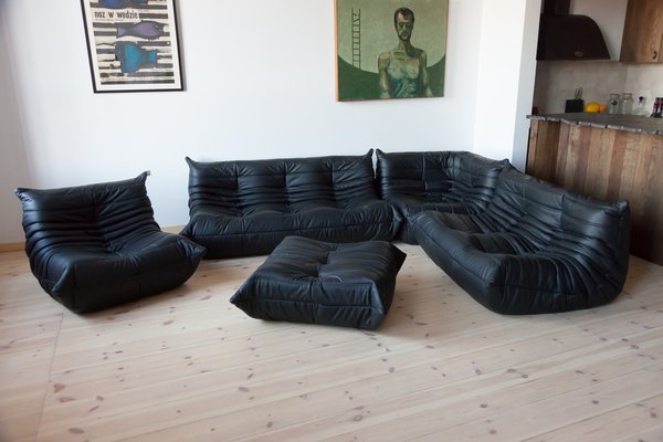 Black Leather Togo Living Room Set by Michel Ducaroy for Ligne Roset Set of 5
