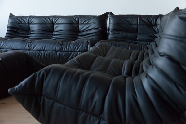 Black Leather Togo Living Room Set by Michel Ducaroy for Ligne