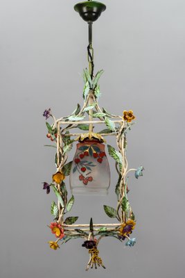 Italian Tole Leaf 4 Light Chandelier Adorned with Porcelain Flowers Italian Tole Leaf 4 Light Chandelier Adorned with Porcelain Flowers