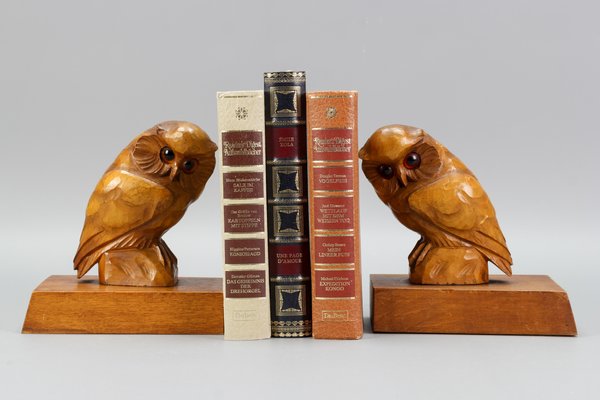 Hand Carved Owl Wooden Bookends, Germany, 1930s, Set of 2 for sale