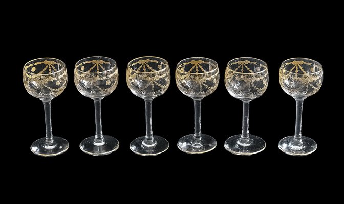 Antike französische Likörgläser, Baccarat / Saint Louis Kristall zugeschrieben, 6er Set bei Pamono kaufen