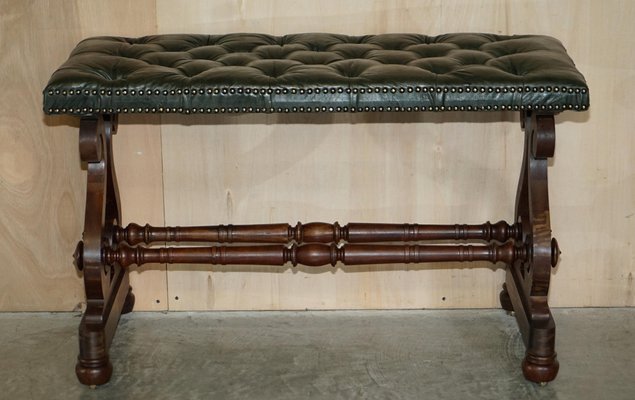 Victorian Green Leather Chesterfield Style Tufted Bench, 1900s for