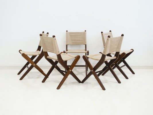 Stained Beech Folding Chairs with Canvas Seat Backrest from Sor Stolefabrik 1960s Set of 6