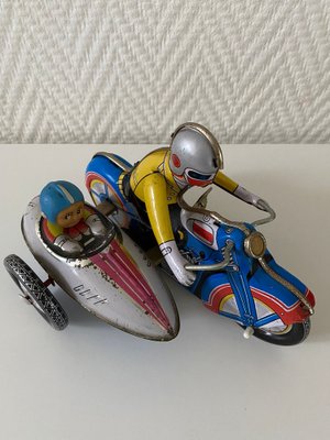 Vintage Wind-Up Tin Toy Motorcycle with Co-Driver & Key for Vintage Wind-Up Tin Toy Motorcycle with Co-Driver & Key for
