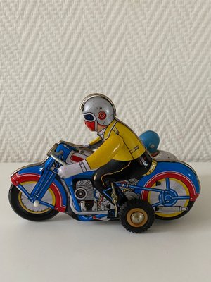Vintage Wind-Up Tin Toy Motorcycle with Co-Driver & Key for Vintage Wind-Up Tin Toy Motorcycle with Co-Driver & Key for