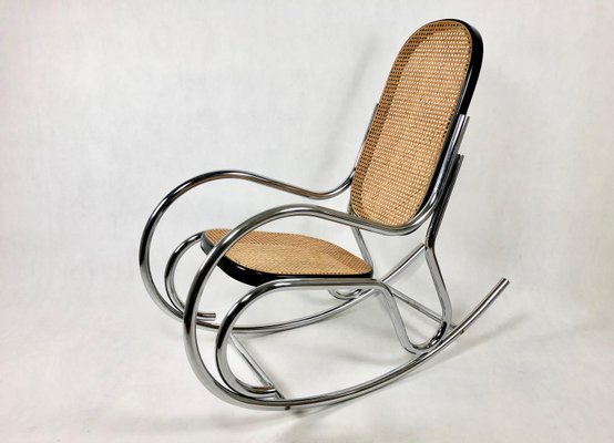 Mid-Century Chromed Steel Rattan Rocking Chair, 1970s for sale