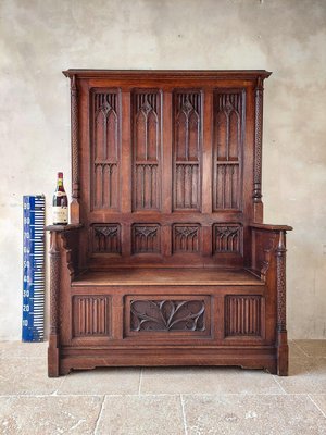 Neo Gothic French Hand Carved Oak Hall Bench 1870s