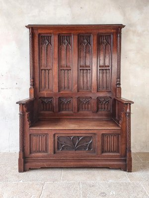 Neo Gothic French Hand Carved Oak Hall Bench 1870s for sale at Pamono