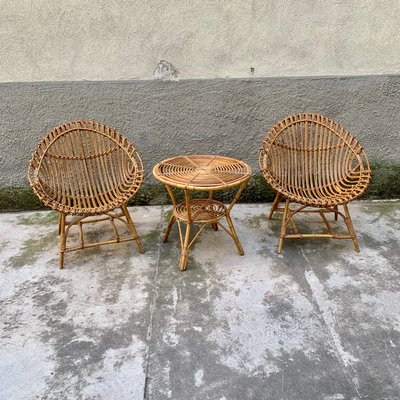 Small Outdoor Set in Bamboo Rattan 1950s Set of 3 for sale at