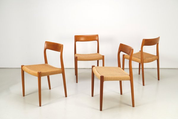 Danish Teak Mod. 77 Dining Chairs with Papercord by Niels O. Møller for  J.L. Møllers, 1959, Set of 4