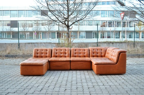Vintage Modular Brandy Cognac Leather Sectional Sofa Germany 1970 Set of 6