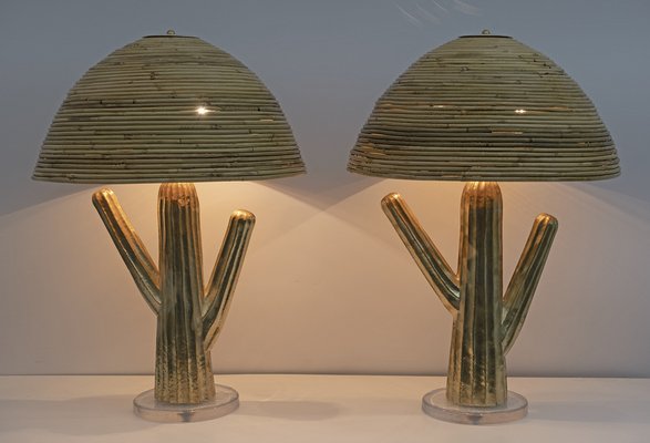 Hollywood Regency Bamboo and Brass Rod Cactus Lamps, Italy, 1990s, Set of 2  for sale at Pamono