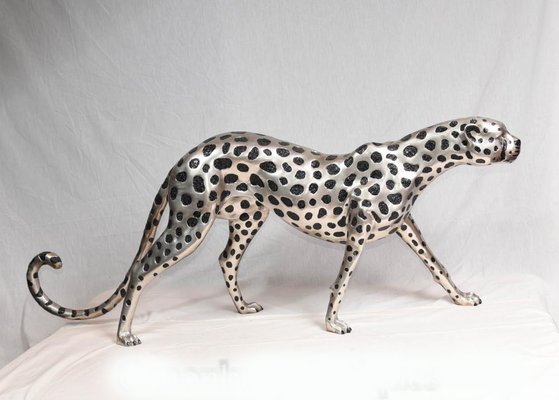 Art Deco Silver Plate & Bronze Cheetah Cat in Statue for sale at Pamono