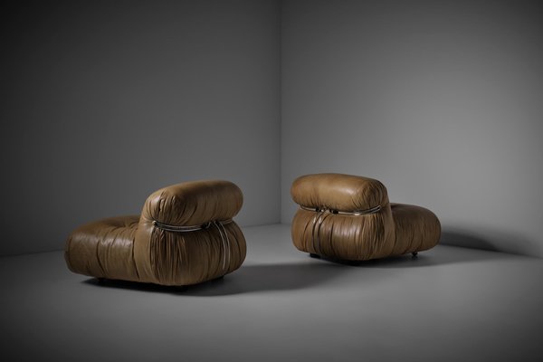 Italian Soriana Lounge Chairs in Cognac Leather by Afra & Tobia